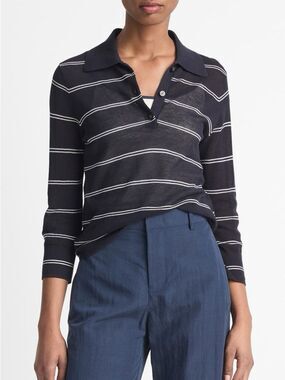Vince Striped Italian Cotton Lightweight Piqué Polo Shirt | Navy / White | XL